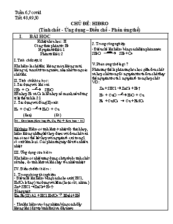 Giáo án Hóa học Lớp 8 - Tiết 48+49+50: Chủ đề: Hiđro (Tính chất - Ứng dụng - Điều chế - Phản ứng thế)
