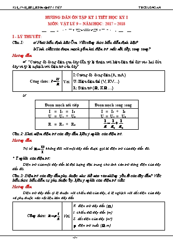Hướng dẫn ôn tập kiểm tra 1 tiết học kỳ I môn Vật lý 9 – Năm học 2017-2018 - Trường THCS Long An