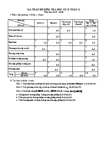 Ma trận và đề kiểm tra học kỳ II môn Toán Lớp 11 - Năm học 2019-2020 - Trường THPT Lương Văn Cù (Có đáp án)