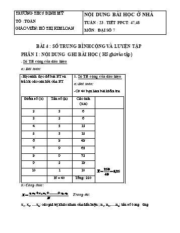 Nội dung ghi bài môn Đại số Lớp 7 - Bài 4: Số trung bình cộng và luyện tập - Hồ Thị Kim Loan