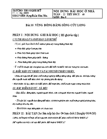 Nội dung ghi bài môn Địa lý Lớp 9 - Bài 35: Vùng đồng bằng sông Cửu Long - Nguyễn Lê Kim Yến