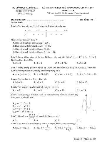 Đề thi THPT Quốc gia môn Toán năm 2017 - Mã đề 104