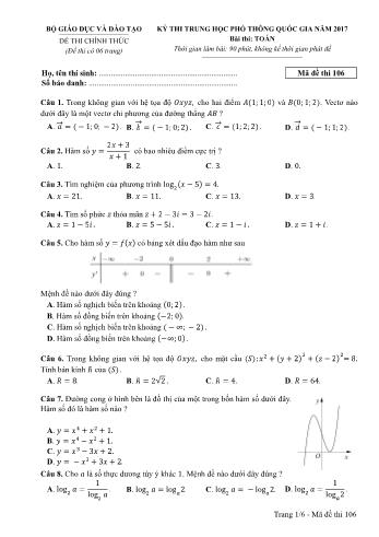 Đề thi THPT Quốc gia môn Toán năm 2017 - Mã đề 106