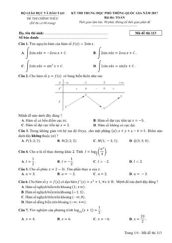 Đề thi THPT Quốc gia môn Toán năm 2017 - Mã đề 113