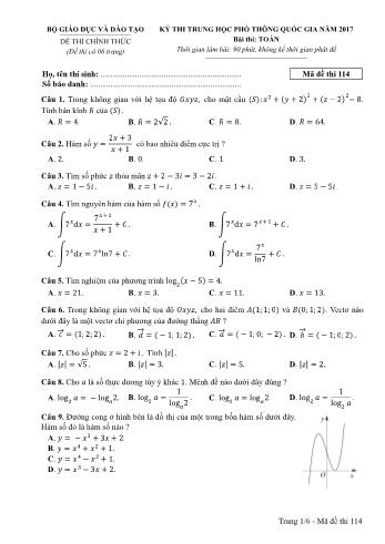 Đề thi THPT Quốc gia môn Toán năm 2017 - Mã đề 114