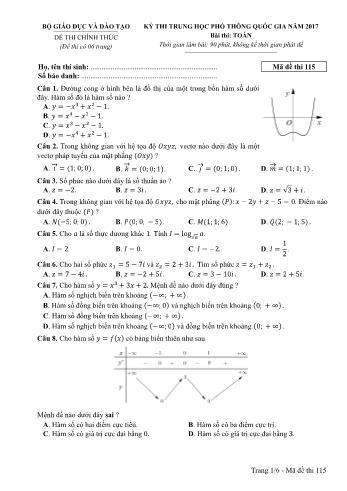 Đề thi THPT Quốc gia môn Toán năm 2017 - Mã đề 115