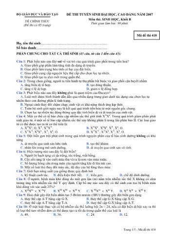 Đề thi tuyển sinh Đại học, Cao đẳng môn Sinh học Khối B năm 2007 - Mã đề 418