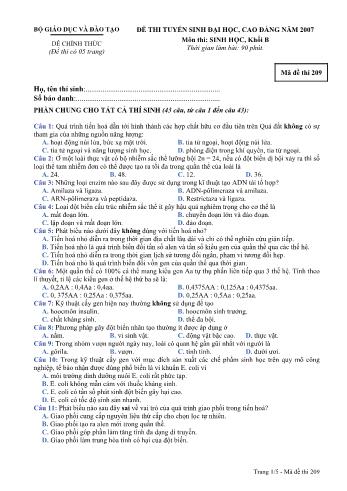 Đề thi tuyển sinh Đại học, Cao đẳng môn Sinh học Khối B năm 2007 - Mã đề 209