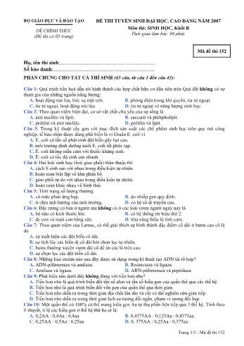 Đề thi tuyển sinh Đại học, Cao đẳng môn Sinh học Khối B năm 2007 - Mã đề 152