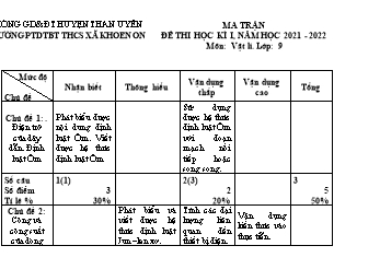 Đề thi học kì I năm học 2021-2022 môn Vật lí Lớp 9 - Trường THCS xã Khoen On (Có đáp án + Ma trận)