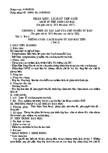 Giáo án Lịch sử Lớp 8 - Tiết 1, Bài 1: Những cuộc cách mạng tư sản đầu tiên - Năm học 2020-2021