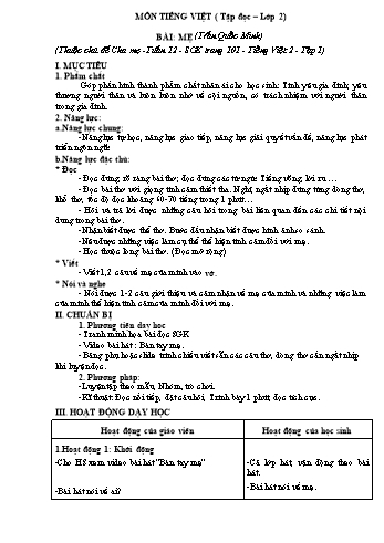 Giáo án Tiếng Việt Lớp 2 - Tập đọc bài: Mẹ (Trần Quốc Minh)