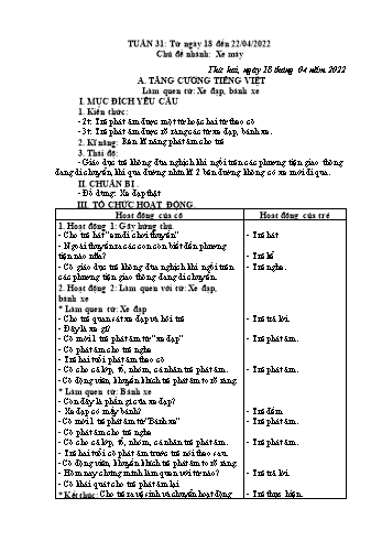 Kế hoạch giáo dục Lớp Nhà trẻ (Tăng cường) - Làm quen từ: Xe đạp, bánh xe. Làm quen từ: Gương xe, đèn xe - Năm học 2021-2022 - Tòng Thị Đăm