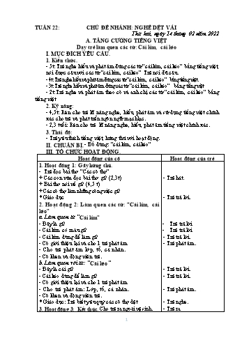 Kế hoạch giáo dục Mầm Non (Tăng cường) - Dạy trẻ làm quen các từ: Cái kim, cái kéo. Dạy trẻ làm quen các từ: Cuộn len, dệt vải - Năm học 2021-2022 - Tô Thị Thủy