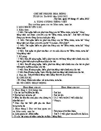 Kế hoạch giáo dục Mầm non (Tăng cường) - Dạy trẻ làm quen các từ: Mùa xuân, mùa hè. Dạy trẻ làm quen các từ: Ban ngày, ban đêm - Năm học 2021-2022 - Lý Thị Hậu