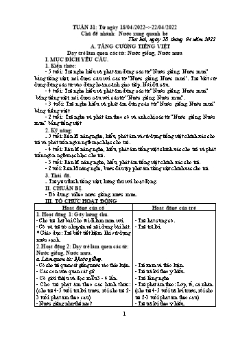 Kế hoạch giáo dục Mầm non (Tăng cường) - Tuần 31, Chủ đề nhánh: Nước xung quanh bé - Năm học 2021-2022 - Nguyễn Thị Minh Nguyệt