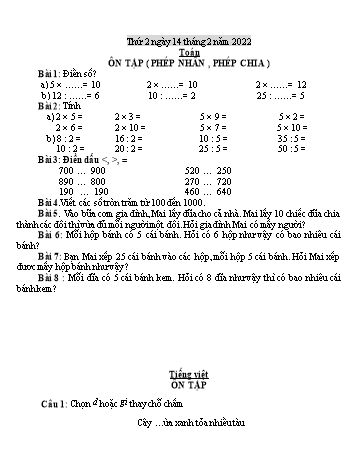 Bài tập Toán, Tiếng Việt Lớp 2 - Thứ 2 (14/2) - Năm học 2021-2022