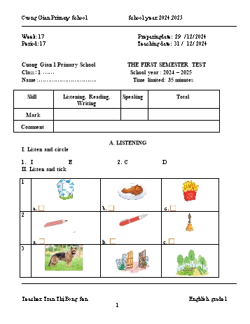 Đề kiểm tra học kì 1 môn Tiếng Anh Lớp 1 - Năm học 2024-2025 - Tran Thi Bong Sen