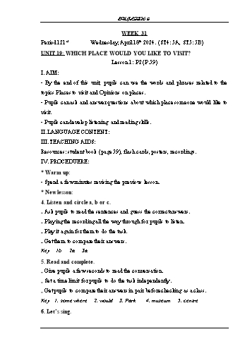 Giáo án Tiếng Anh Lớp 5 - Tuần 31 - Năm học 2023-2024 - Phạm Thị Kim Khánh