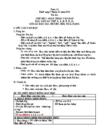 Giáo án Tin học Lớp 4 - Chủ đề 3: Soạn thảo văn bản - Tuần 14, Bài: Gõ các chữ ă, â, đ, ê, ô, ơ; gõ các dấu sắc, huyền, hỏi, ngã, nặng - Năm học 2022-2023 - Trần Thị Long
