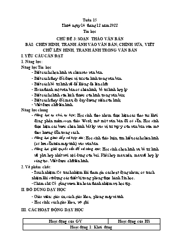 Giáo án Tin học Lớp 4 - Chủ đề 3: Soạn thảo văn bản - Tuần 15, Bài: Chèn hình, tranh ảnh vào văn bản; chỉnh sửa, viết chữ lên hình, tranh ảnh trong văn bản - Năm học 2022-2023 - Trần Thị Long