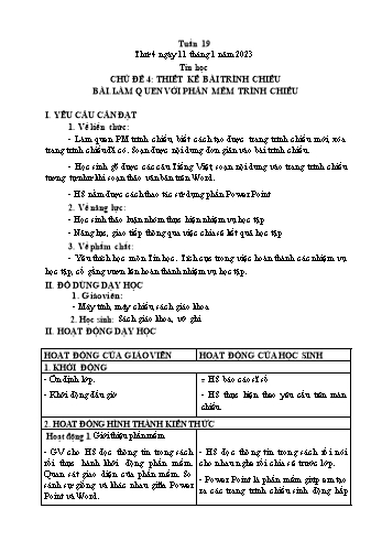 Giáo án Tin học Lớp 4 - Chủ đề 4: Thiết kế bài trình chiếu - Tuần 19, Bài: Làm quen với phần mềm trình chiếu - Năm học 2022-2023 - Trần Thị Long