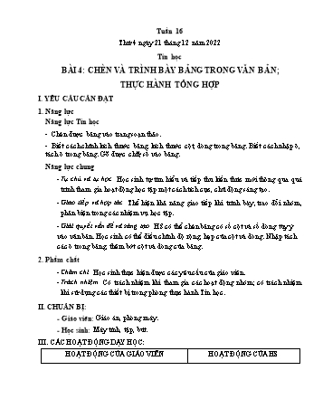 Giáo án Tin học Lớp 4 - Tuần 16, Bài 4: Chèn và trình bày bảng trong văn bản; thực hành tổng hợp - Năm học 2022-2023 - Trần Thị Long