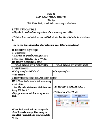 Giáo án Tin học Lớp 4 - Tuần 21, Bài: Chèn hình, tranh ảnh vào trang trình chiếu - Năm học 2022-2023 - Trần Thị Long