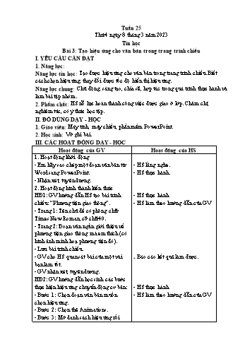 Giáo án Tin học Lớp 4 - Tuần 25, Bài 3: Tạo hiệu ứng cho văn bản trong trang trình chiếu - Năm học 2022-2023 - Trần Thị Long