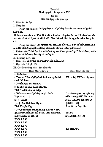 Giáo án Tin học Lớp 4 - Tuần 32, Bài: Sử dụng câu lệnh lặp - Năm học 2022-2023 - Trần Thị Long