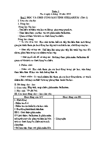 Giáo án Tin học Lớp 5 - Chủ đề 1 - Tuần 5, Bài 5: Học và chơi cùng máy tính. Stellarium (Tiết 1) - Năm học 2023-2024 - Trần Thị Long