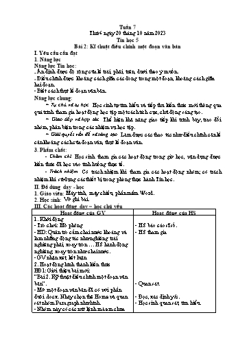 Giáo án Tin học Lớp 5 - Chủ đề 2: Soạn thảo văn bản - Tuần 7, Bài 2: Kĩ thuật điều chỉnh một đoạn văn bản - Năm học 2023-2024 - Trần Thị Long