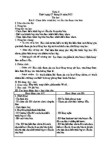 Giáo án Tin học Lớp 5 - Chủ đề 2: Soạn thảo văn bản - Tuần 8, Bài 3: Chọn kiểu trình bày có sẵn cho đoạn văn bản - Năm học 2023-2024 - Trần Thị Long