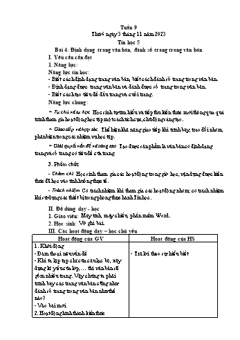 Giáo án Tin học Lớp 5 - Chủ đề 2: Soạn thảo văn bản - Tuần 9, Bài 4: Định dạng trang văn bản, đánh số trang trong văn bản - Năm học 2023-2024 - Trần Thị Long