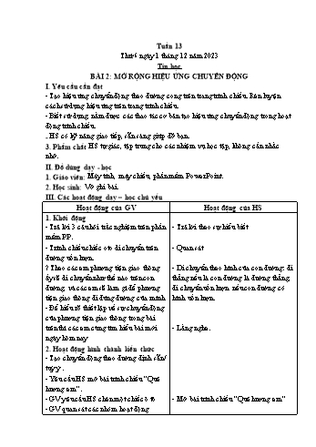 Giáo án Tin học Lớp 5 - Chủ đề 3: Thiết kế bài trình chiếu - Tuần 13, Bài 2: Mở rộng hiệu ứng chuyển động - Năm học 2023-2024 - Trần Thị Long