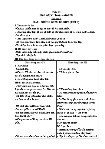 Giáo án Tin học Lớp 5 - Chủ đề 3: Thiết kế bài trình chiếu - Tuần 12, Bài 1: Những gì em đã biết (Tiết 1) - Năm học 2023-2024 - Trần Thị Long