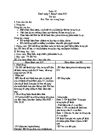 Giáo án Tin học Lớp 5 - Chủ đề 4: Thế giới logo - Tuần 29, Bài: Thủ tục trong Logo - Năm học 2022-2023 - Trần Thị Long