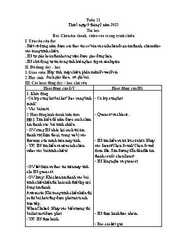 Giáo án Tin học Lớp 5 - Chủ đề 4: Thiết kế bài trình chiếu - Tuần 21, Bài: Chèn âm thanh, video vào trang trình chiếu - Năm học 2022-2023 - Trần Thị Long