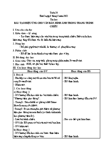 Giáo án Tin học Lớp 5 - Chủ đề 4: Thiết kế bài trình chiếu - Tuần 20, Bài: Tạo hiệu ứng cho văn bản, hình ảnh trong trang trình chiếu - Năm học 2022-2023 - Trần Thị Long