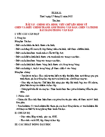Giáo án Tin học Lớp 5 - Tuần 11, Bài 5+6: Chỉnh sửa hình, viết chữ lên hình vẽ chèn và điều chỉnh tranh ảnh trong văn bản; Chèn và trình bày bảng trong văn bản - Năm học 2022-2023 - Trần Thị Long
