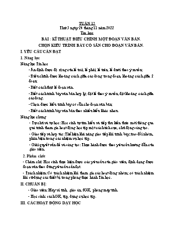 Giáo án Tin học Lớp 5 - Tuần 12, Bài: Kĩ thuật điều chỉnh một đoạn văn bản. Chọn kiểu trình bày có sẵn cho đoạn văn bản - Năm học 2022-2023 - Trần Thị Long
