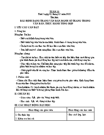 Giáo án Tin học Lớp 5 - Tuần 13, Bài: Định dạng trang văn bản, đánh số trang trong văn bản; Thực hành tổng hợp - Năm học 2022-2023 - Trần Thị Long