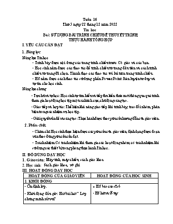 Giáo án Tin học Lớp 5 - Tuần 16, Bài: Sử dụng bài trình chiếu để thuyết trình; Thực hành tổng hợp - Năm học 2022-2023 - Trần Thị Long