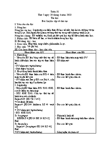 Giáo án Tin học Lớp 5 - Tuần 31, Bài: Luyện tập về thủ tục - Năm học 2022-2023 - Trần Thị Long