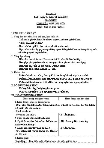 Kế hoạch bài dạy Đạo đức Lớp 3 (Kết nối tri thức) - Chủ đề 4: Giữ lời hứa - Tuần 13, Bài 5: Giữ lời hứa (Tiết 1) - Năm học 2022-2023 - Trần Thị Long