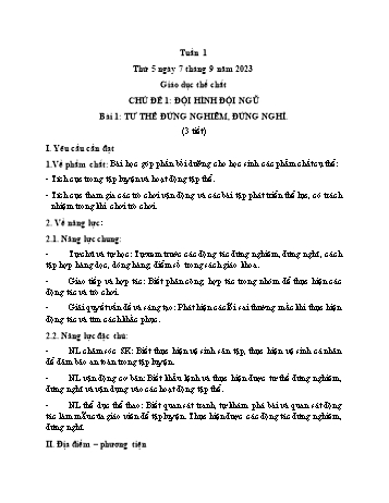 Kế hoạch bài dạy Giáo dục thể chất Lớp 1 (Kết nối tri thức) - Chủ đề 1: Đội hình đội ngũ - Tuần 1, Bài 1: Tư thế đứng nghiêm, đứng nghỉ - Năm học 2023-2024 - Trần Thị Long
