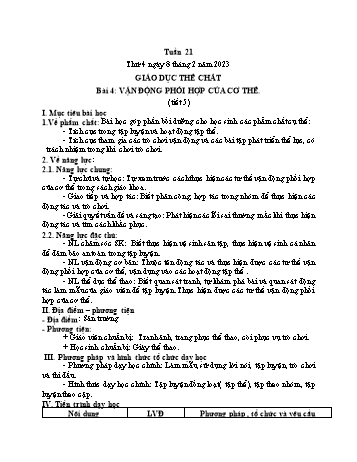 Kế hoạch bài dạy Giáo dục thể chất Lớp 1 (Kết nối tri thức) - Chủ đề 3: Tư thế và kĩ năng vận động cơ bản - Tuần 21, Bài 4: Vận động phối hợp của cơ thể (Tiết 5+6) - Năm học 2022-2023 - Trần Thị Long