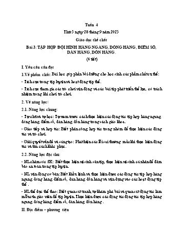 Kế hoạch bài dạy Giáo dục thể chất Lớp 1 (Kết nối tri thức) - Chủ đề 1: Đội hình đội ngũ - Tuần 4, Bài 3: Tập hợp đội hình hàng ngang, dóng hàng, điểm số, dàn hàng, dồn hàng - Năm học 2023-2024 - Trần Thị Long
