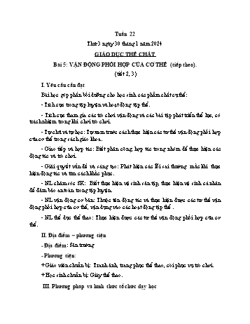 Kế hoạch bài dạy Giáo dục thể chất Lớp 1 (Kết nối tri thức) - Chủ đề 3: Tư thế và kĩ năng vận động cơ bản - Tuần 22, Bài 5: Vận động phối hợp của cơ thể (Tiếp theo - Tiết 2+3) - Năm học 2023-2024 - Trần Thị Long