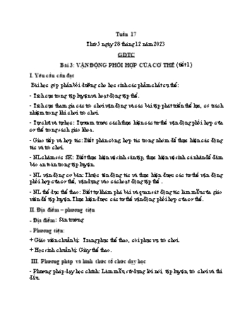 Kế hoạch bài dạy Giáo dục thể chất Lớp 1 (Kết nối tri thức) - Chủ đề 3: Tư thế và kĩ năng vận động cơ bản - Tuần 17, Bài 4: Vận động phối hợp của cơ thể (Tiết 1) - Năm học 2023-2024 - Trần Thị Long